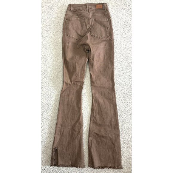 Subdued Soft Flare Jeans Womens High Rise Smile Brown Raw Hems Stretch - Picture 2 of 16